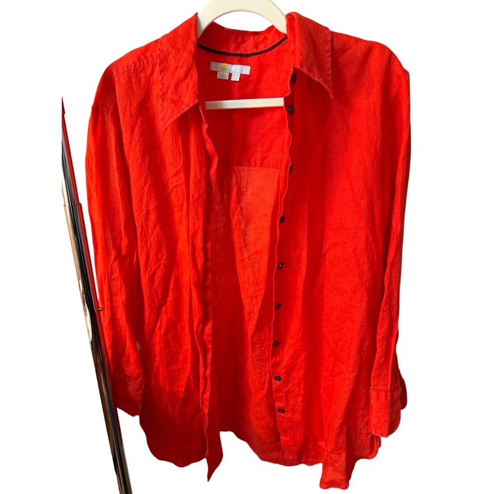 Boden Women 8P Red 100% Linen Button Down Shirt Petite Euro Summer Tomato Girl